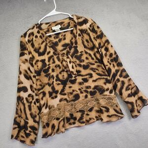 Allison Taylor Top Womens L Brown Black Animal Leopard Print Lace Maximalist Y2K